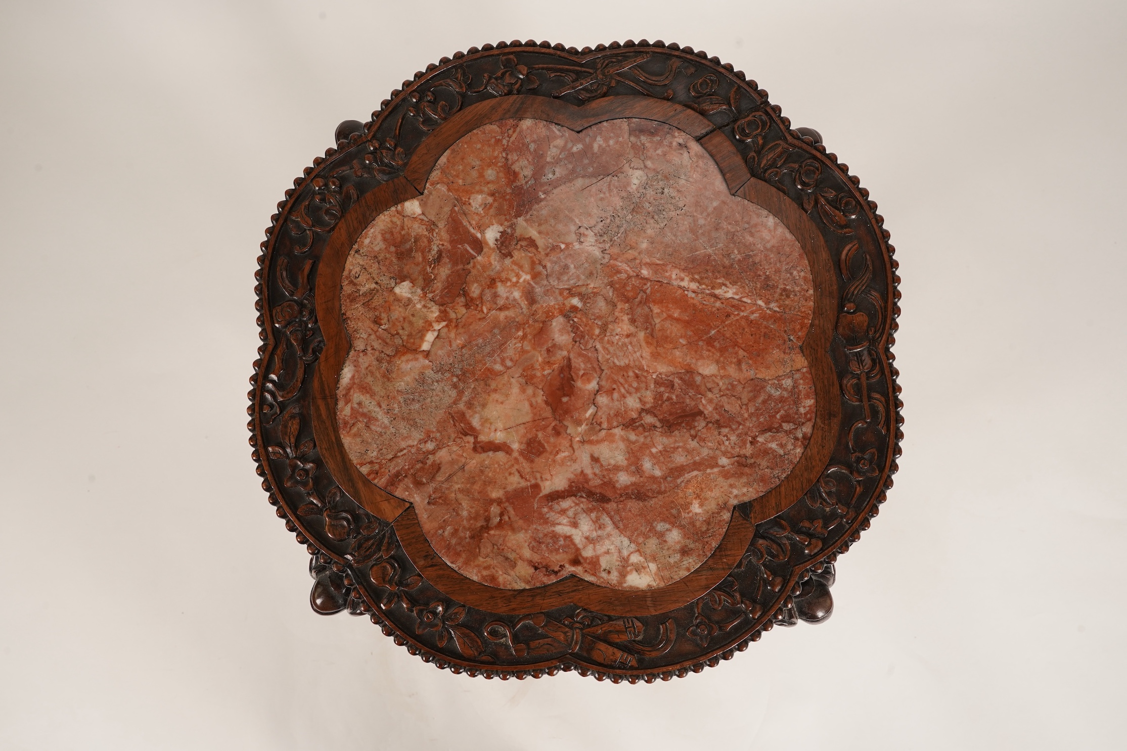 A Chinese hongmu and marble ‘dragon’ jardiniere stand, late 19th century